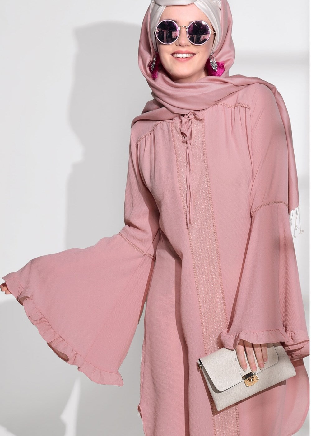Tesettür giyim PUDRA T 3951 ModaBu- İspanyol Kol  Bağcıklı Tunik