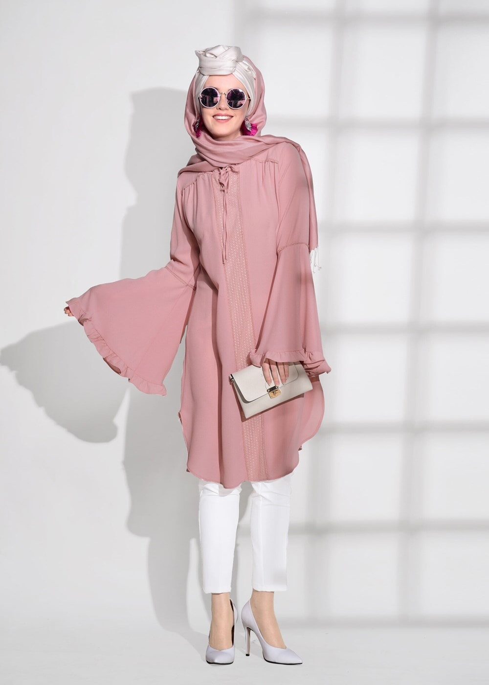 Tesettür giyim PUDRA T 3951 ModaBu- İspanyol Kol  Bağcıklı Tunik