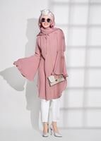 Tesettür giyim PUDRA T 3951 ModaBu- İspanyol Kol  Bağcıklı Tunik