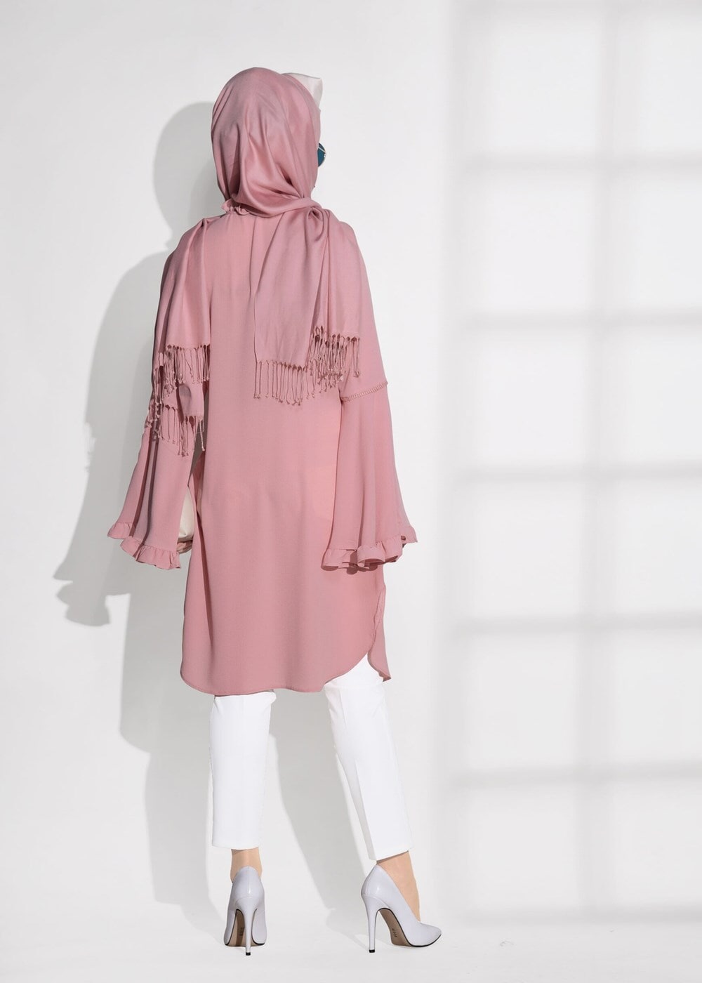 Tesettür giyim PUDRA T 3951 ModaBu- İspanyol Kol  Bağcıklı Tunik