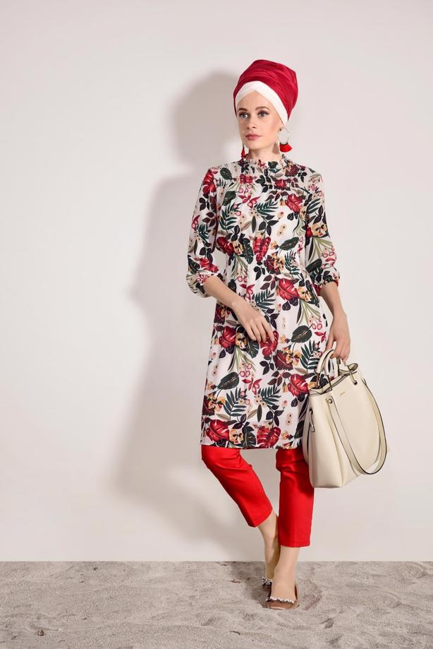 Tesettür giyim  T 3976 Ayriss-Yaprak Desenli Tunik - TRENDTESETTÜR