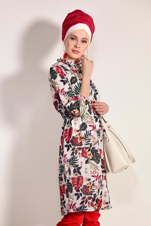 Tesettür giyim  T 3976 Ayriss-Yaprak Desenli Tunik - TRENDTESETTÜR