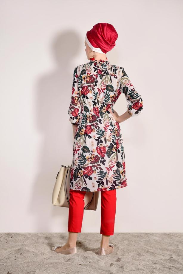 Tesettür giyim  T 3976 Ayriss-Yaprak Desenli Tunik - TRENDTESETTÜR