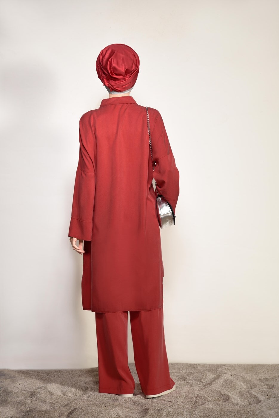 Vêtements hijab ROUGE COSTUME PANTALON 2 PIÈCES DÉTAILLÉ AVEC POCHE SUR LE DEVANT 4003 