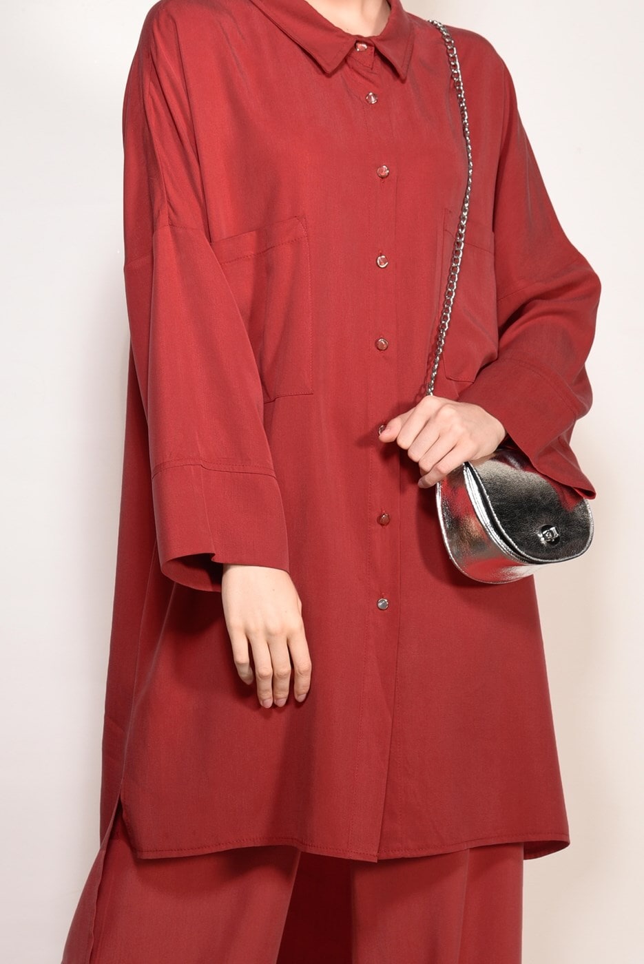 Vêtements hijab ROUGE COSTUME PANTALON 2 PIÈCES DÉTAILLÉ AVEC POCHE SUR LE DEVANT 4003 
