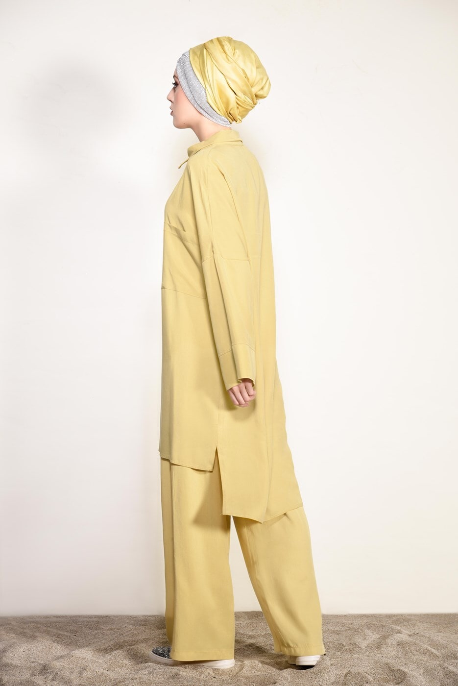 Vêtements hijab JAUNE COSTUME PANTALON 2 PIÈCES DÉTAILLÉ AVEC POCHE SUR LE DEVANT 4003 