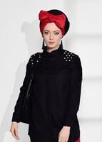 Tesettür giyim SİYAH OMUZ KISMI İNCİ VE DANTEL DETAYLI TUNİK 4075 