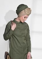 Tesettür giyim HAKİ OMUZ KISMI İNCİ VE DANTEL DETAYLI TUNİK 4075 