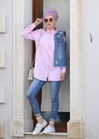 Tesettür giyim PEMBE OMUZ KISMI İNCİ VE DANTEL DETAYLI TUNİK 4075 