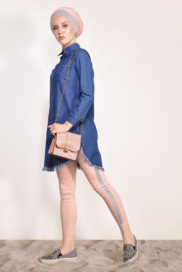 Vêtements hijab  DENIM TUNIC WITH FRINGED HEM 4108  - TRENDTESETTÜR