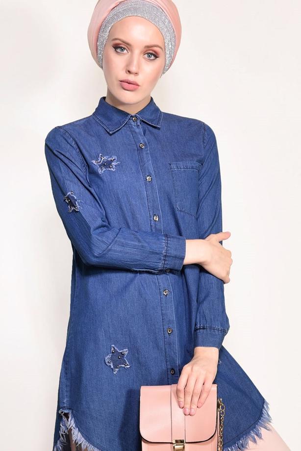Vêtements hijab  DENIM TUNIC WITH FRINGED HEM 4108  - TRENDTESETTÜR