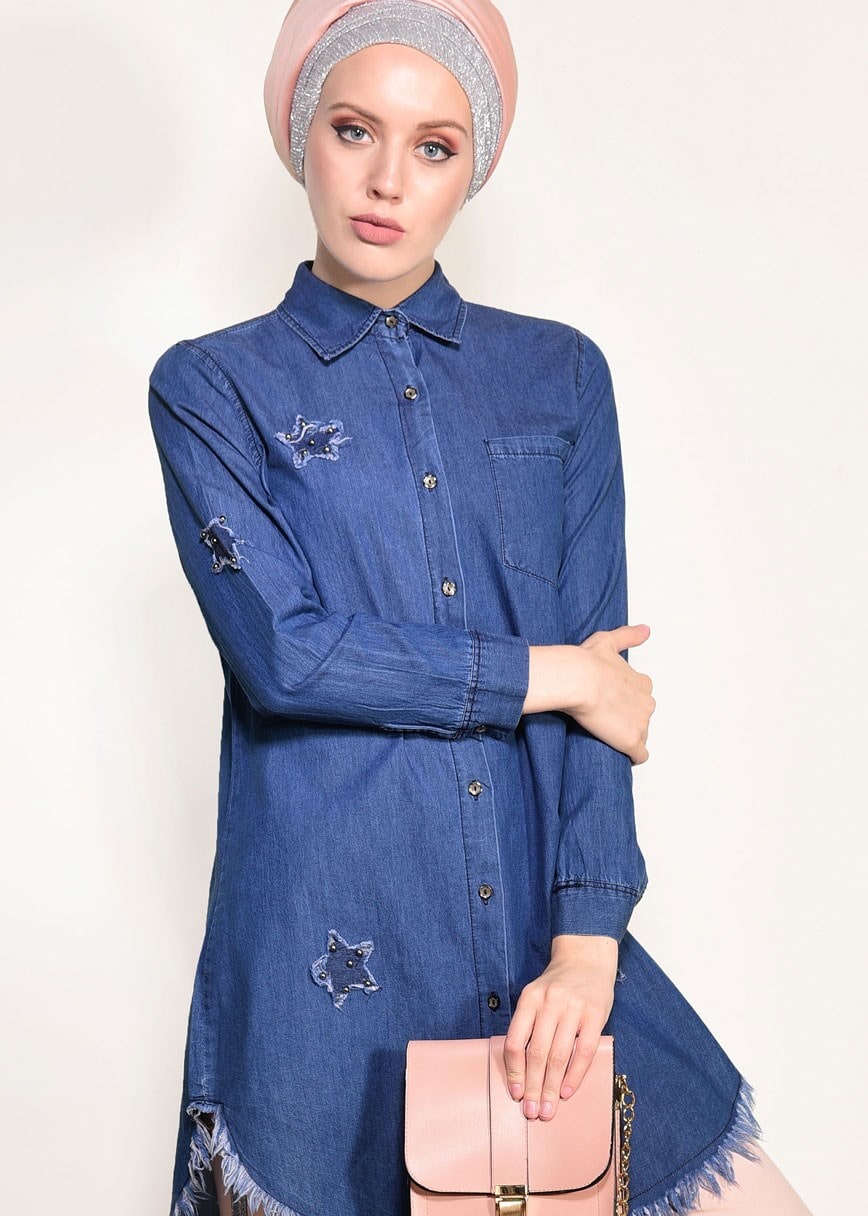 Hijab clothing NAVY BLUE DENIM TUNIC WITH FRINGED HEM 4108 