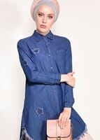Hijab clothing NAVY BLUE DENIM TUNIC WITH FRINGED HEM 4108 