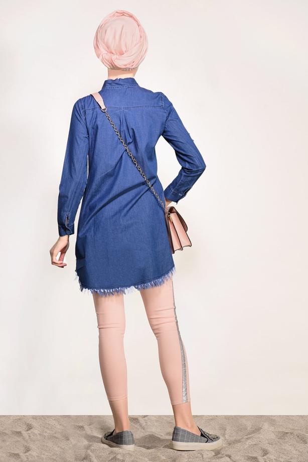 Vêtements hijab  DENIM TUNIC WITH FRINGED HEM 4108  - TRENDTESETTÜR