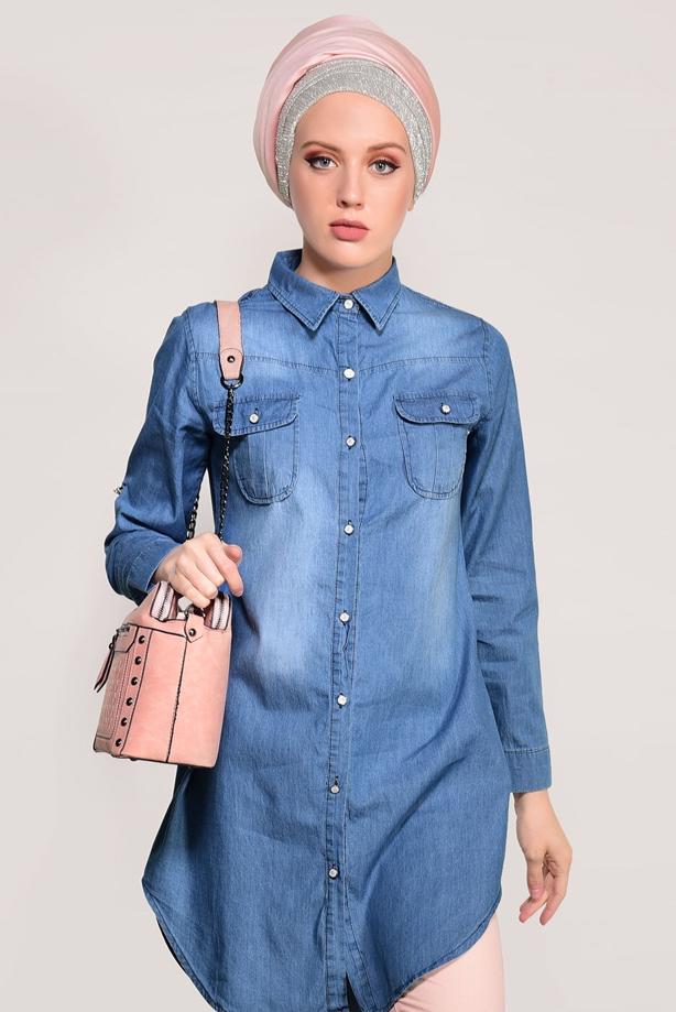 Vêtements hijab  POCKET DETAIL DENIM TUNIC 4109 - TRENDTESETTÜR