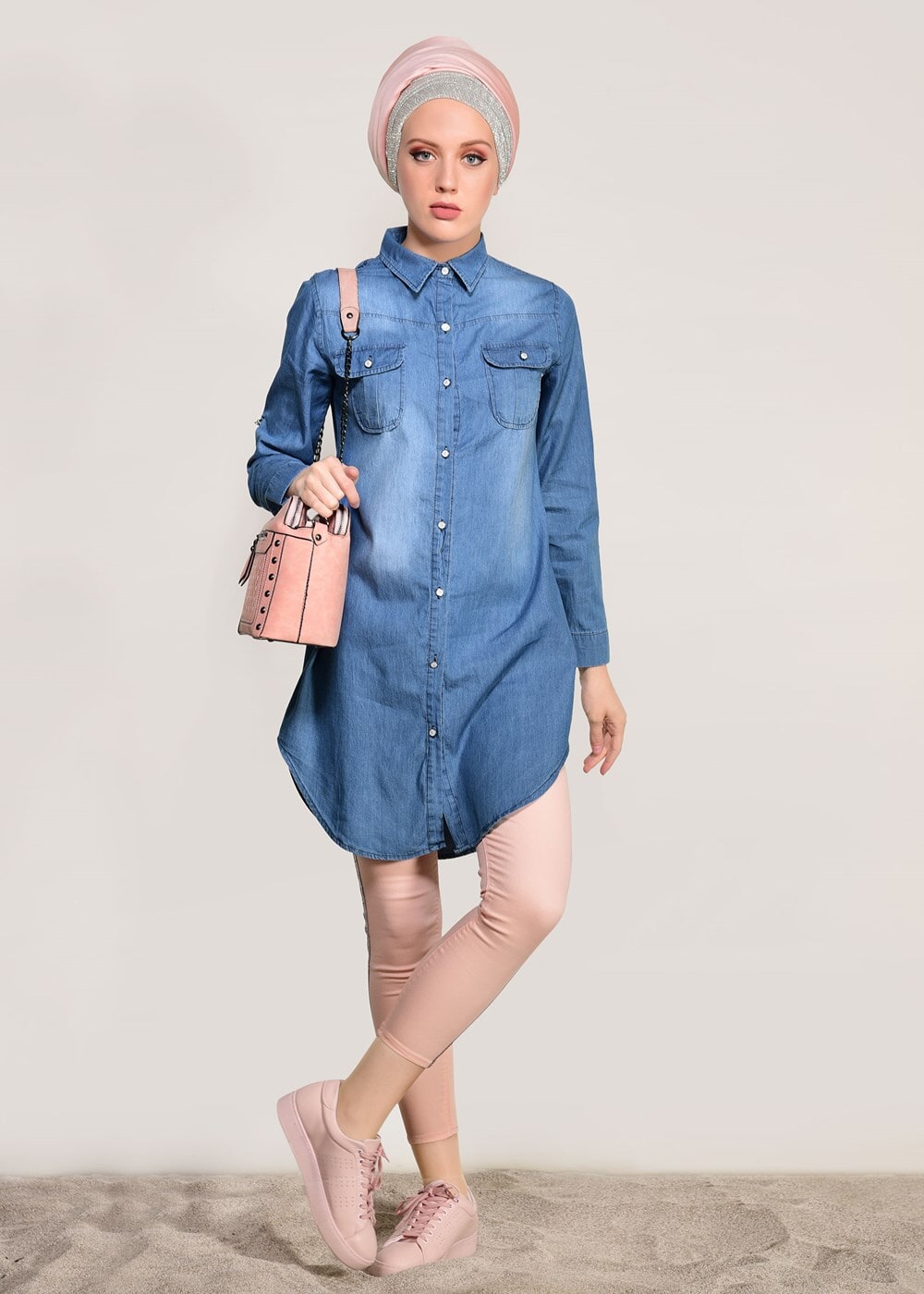 Vêtements hijab BLEU MARINE TUNIQUE DENIM DÉTAIL POCHE 4109