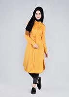 Tesettür giyim SARI BELİ BÜZGÜLÜ YANDAN YIRTMAÇLI TUNİK  4226
