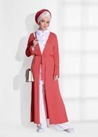 Tesettür giyim KIRMIZI BELİ KUŞAKLI ÖRME HIRKA 4269
