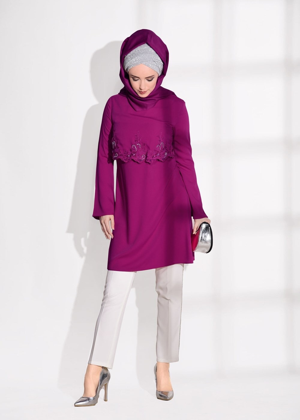 Tesettür giyim FUŞYA GÜPÜR DETAYLI TUNİK 4430