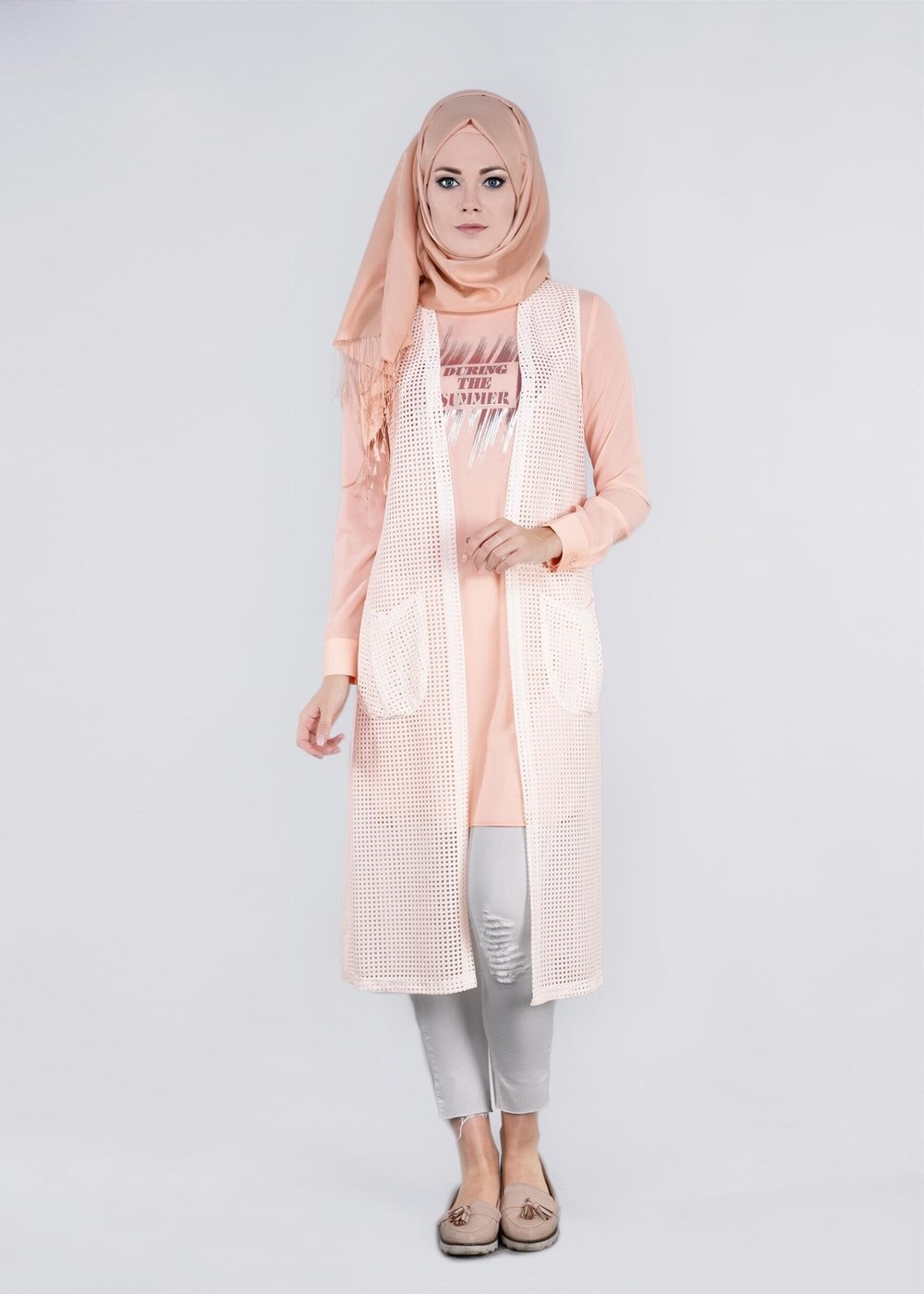 Tesettür giyim KREM CEP DETAYLI FİLE TUNİK 4436