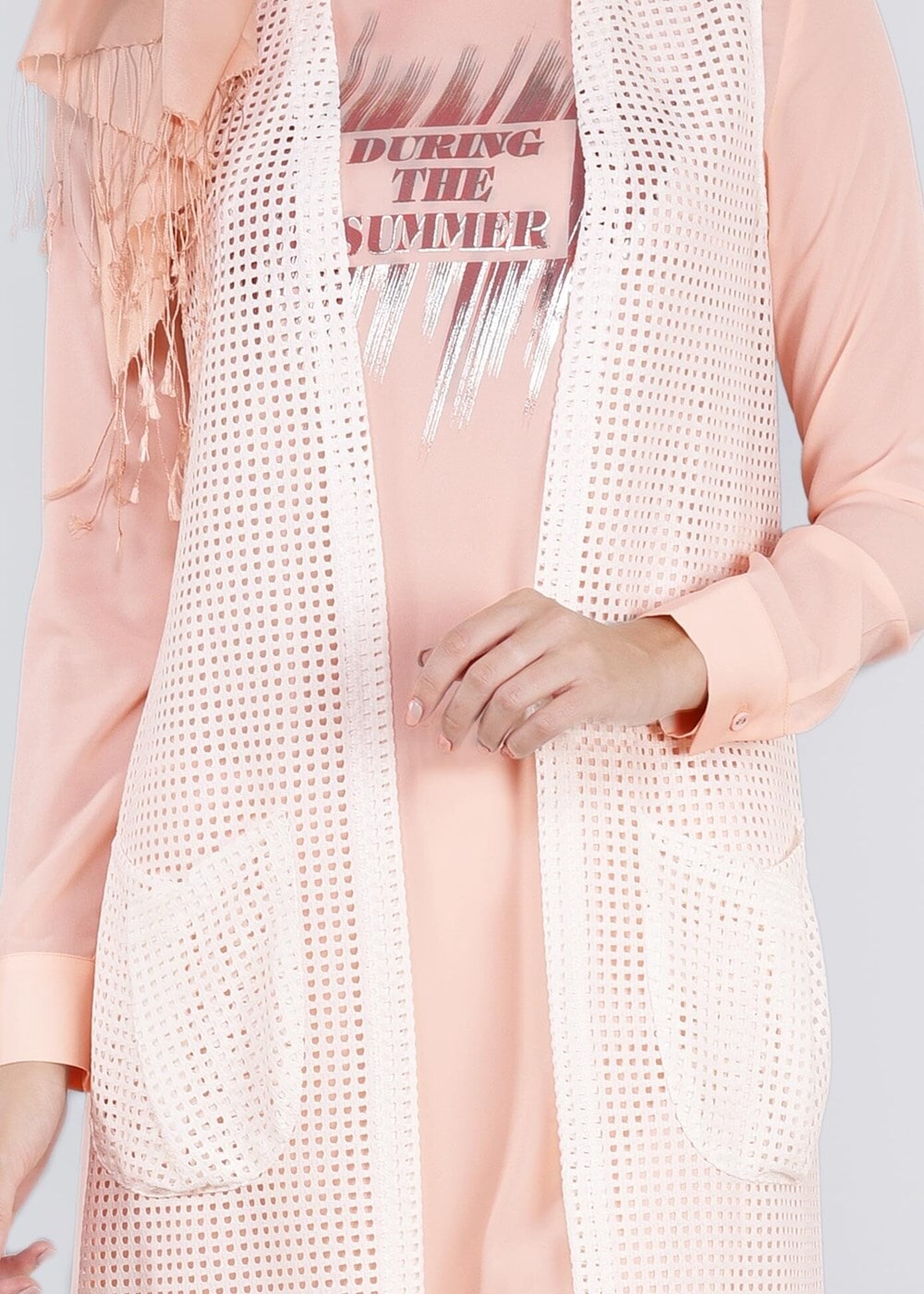 Tesettür giyim KREM CEP DETAYLI FİLE TUNİK 4436