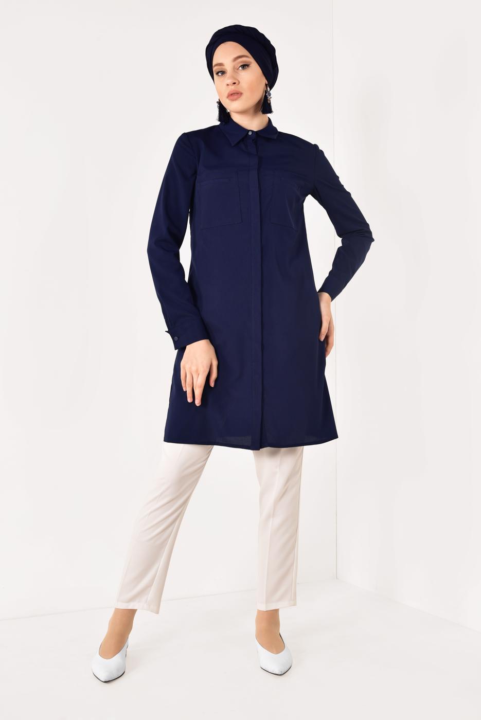 Tesettür giyim LACİVERT CEP DETAYLI TUNİK 4460 