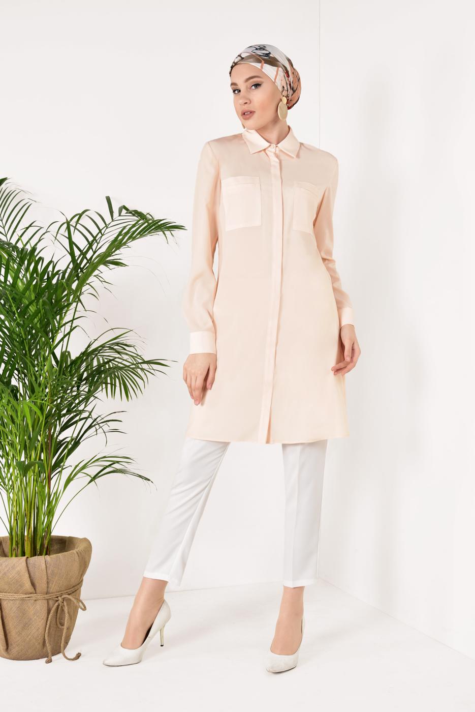 Tesettür giyim PUDRA CEP DETAYLI TUNİK 4460 
