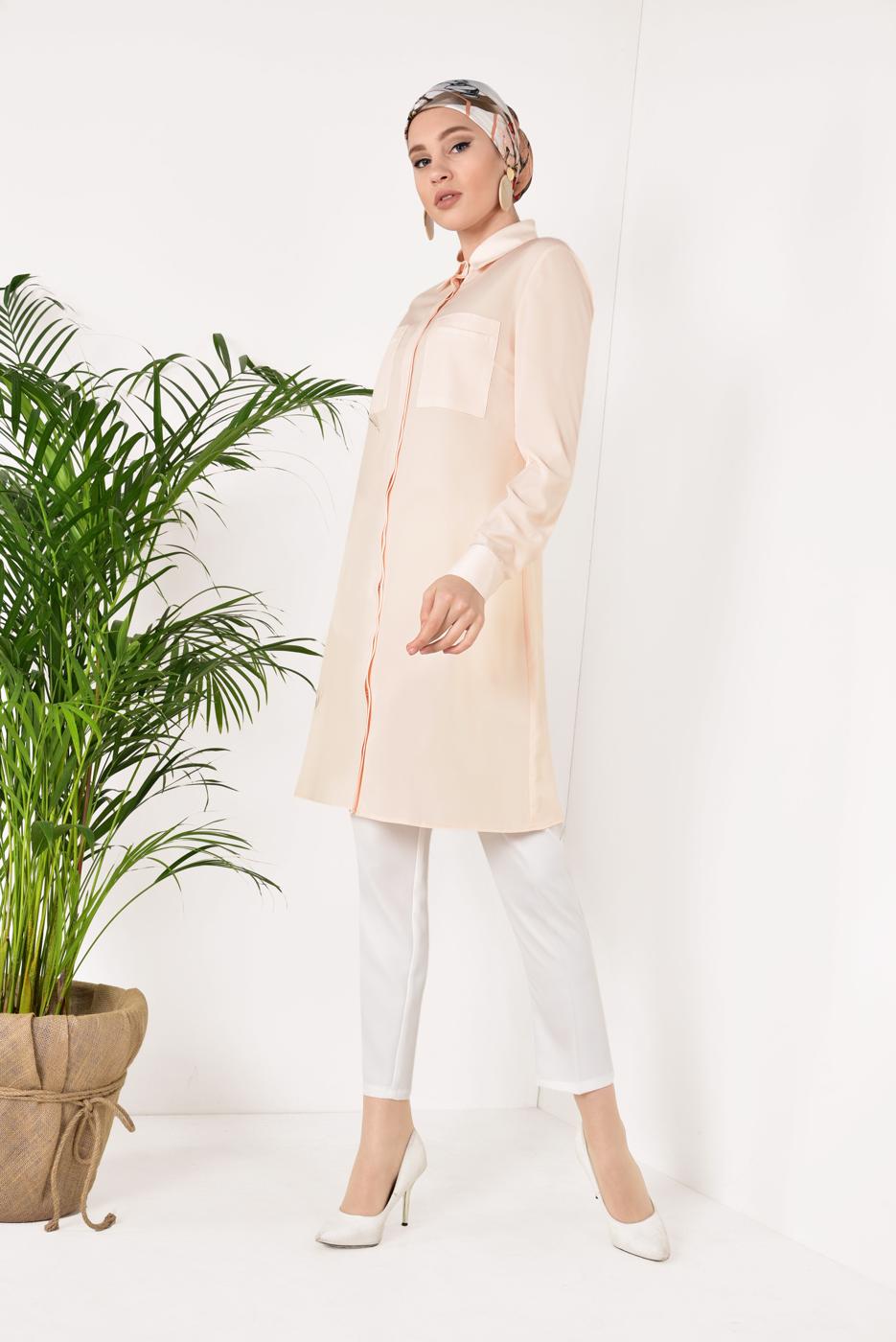 Tesettür giyim PUDRA CEP DETAYLI TUNİK 4460 