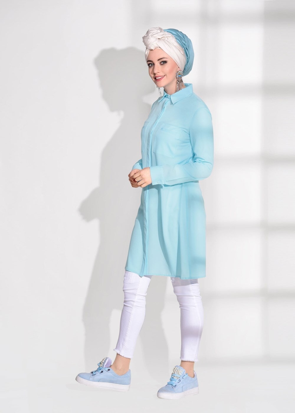 Tesettür giyim MAVİ CEP DETAYLI TUNİK 4460 