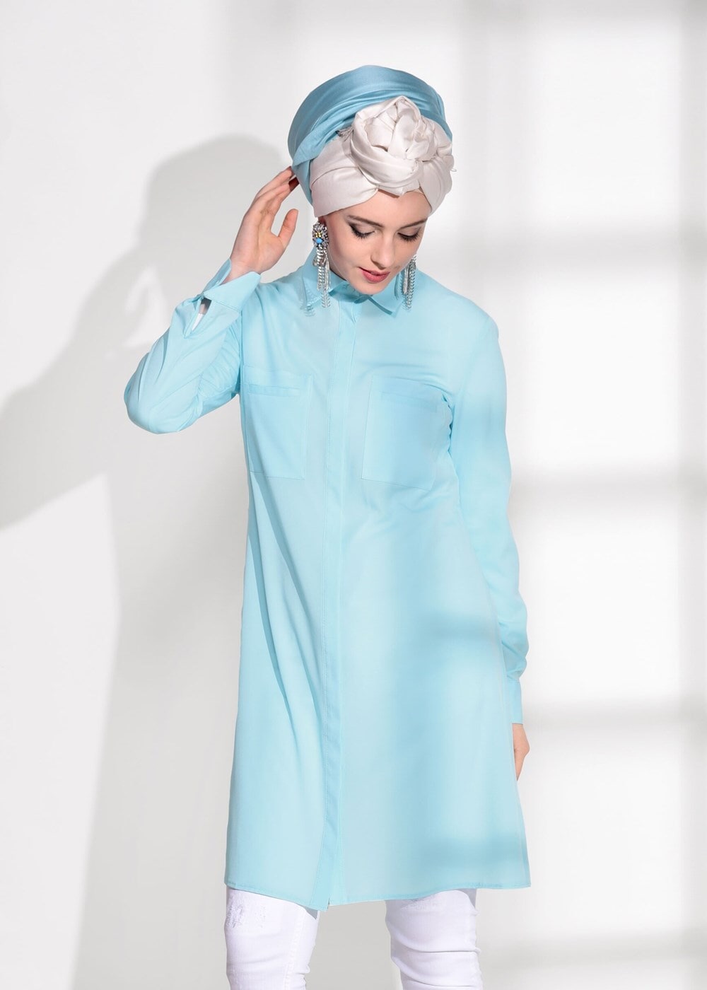 Tesettür giyim MAVİ CEP DETAYLI TUNİK 4460 