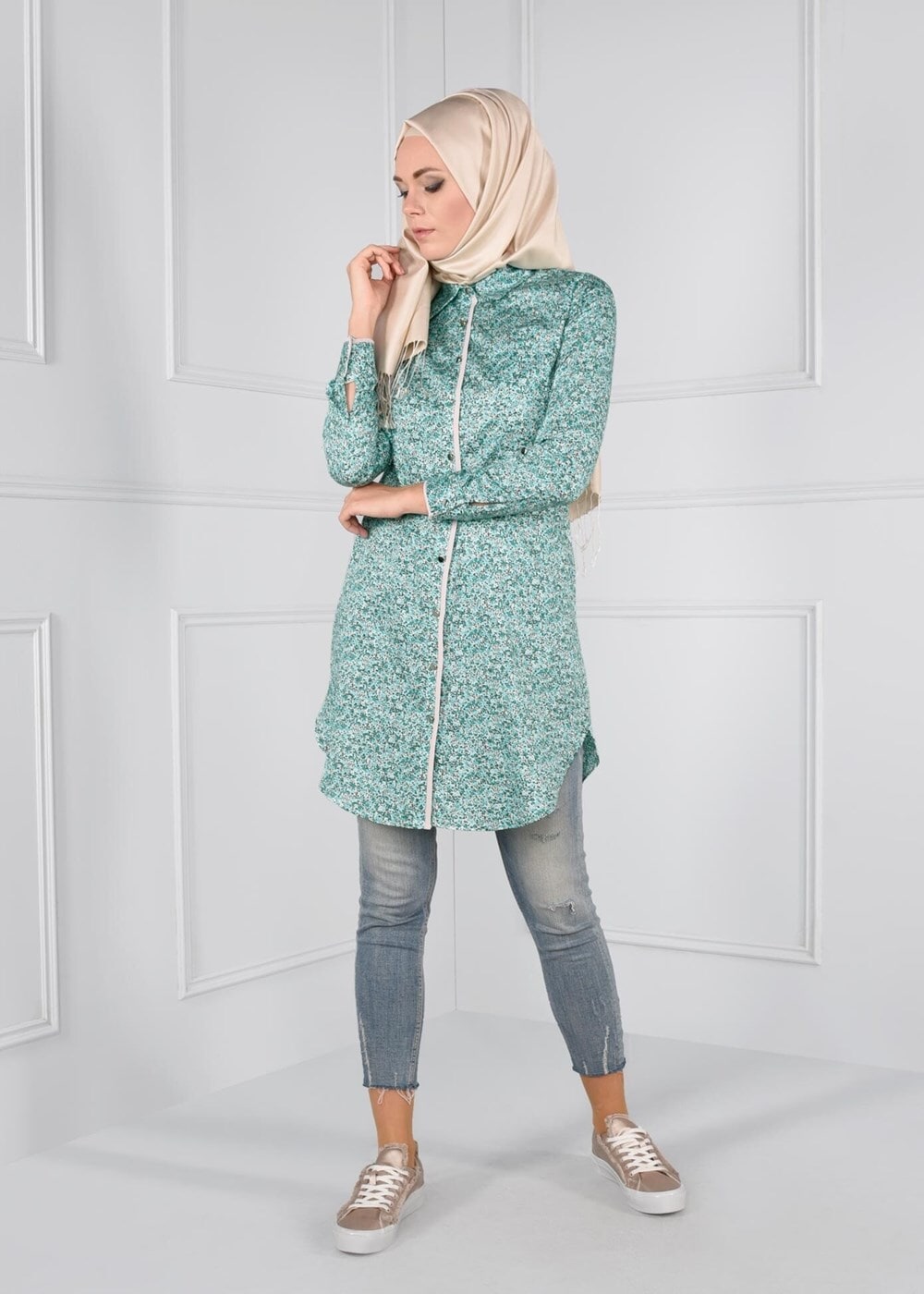 Tesettür giyim YEŞİL T 4467 Rimi Saten 5018 Tunik-Alv Fashion