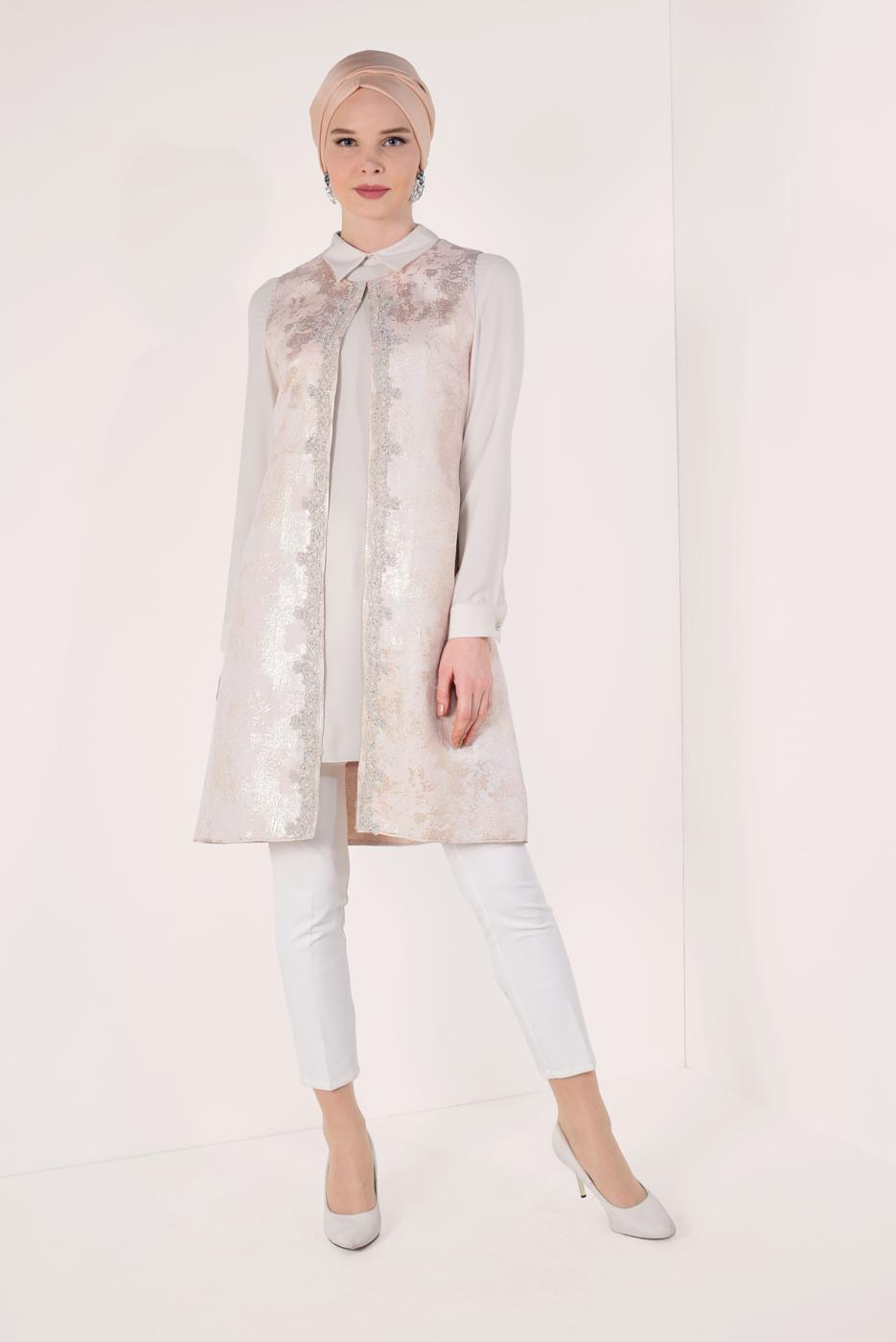 Tesettür giyim PUDRA JAKAR YELEKLİ 2&prime;Lİ TUNİK 4475