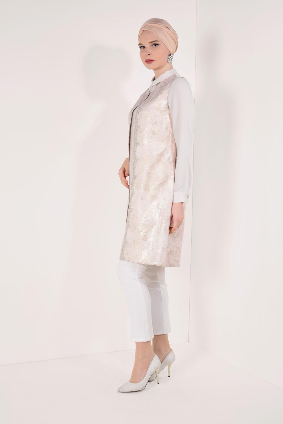 Tesettür giyim PUDRA JAKAR YELEKLİ 2&prime;Lİ TUNİK 4475