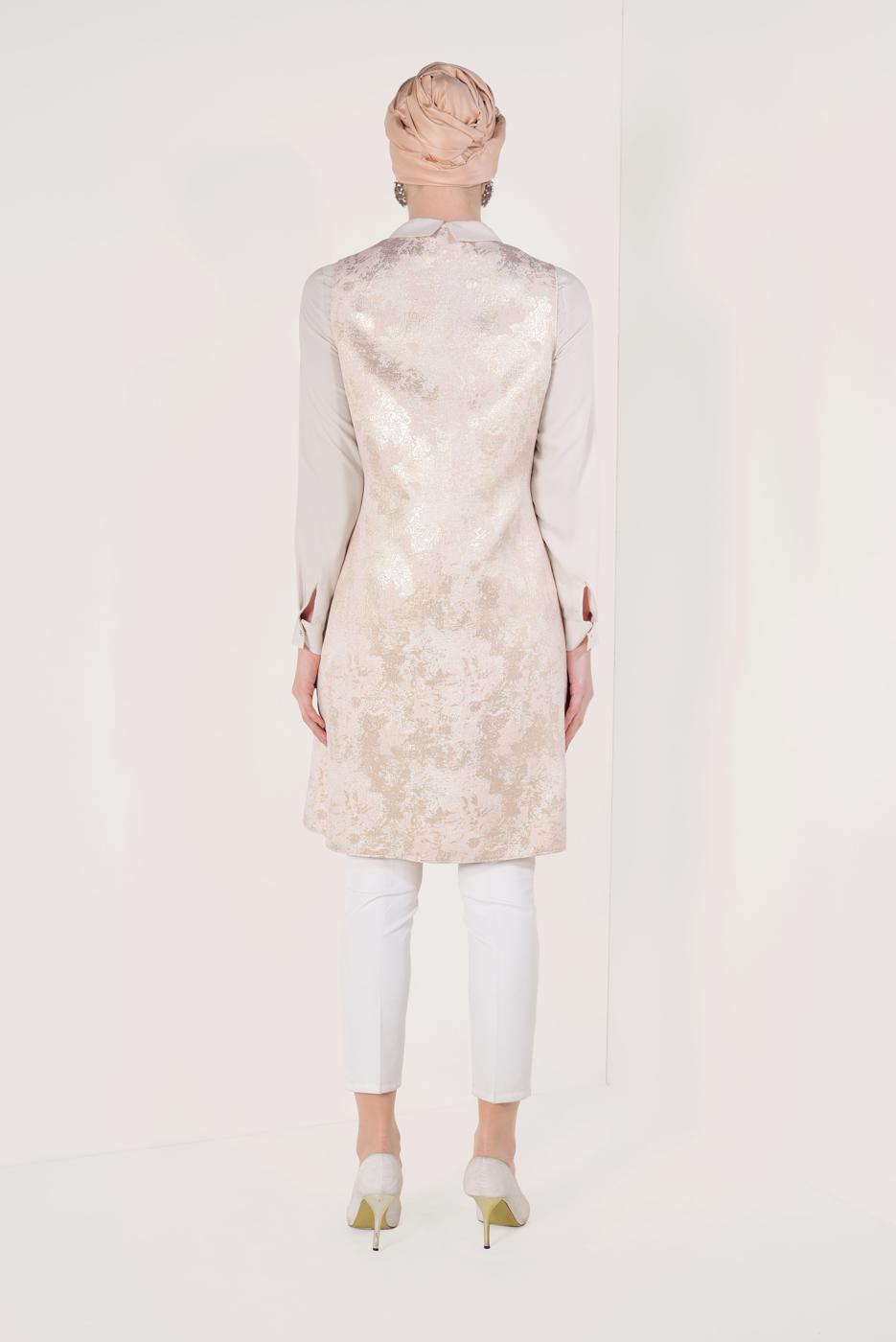 Tesettür giyim PUDRA JAKAR YELEKLİ 2&prime;Lİ TUNİK 4475