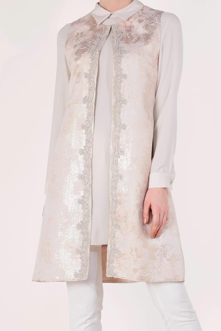 Tesettür giyim PUDRA JAKAR YELEKLİ 2&prime;Lİ TUNİK 4475