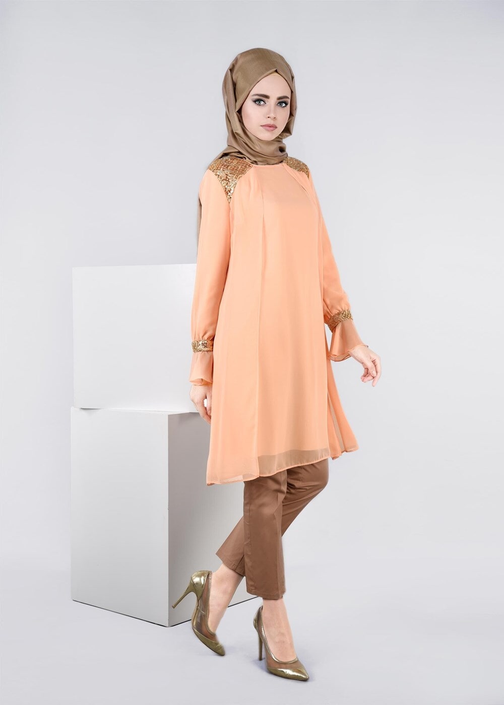 Tesettür giyim PUDRA İŞLEME DETAYLI MULTİ ŞİFON TUNİK 4485