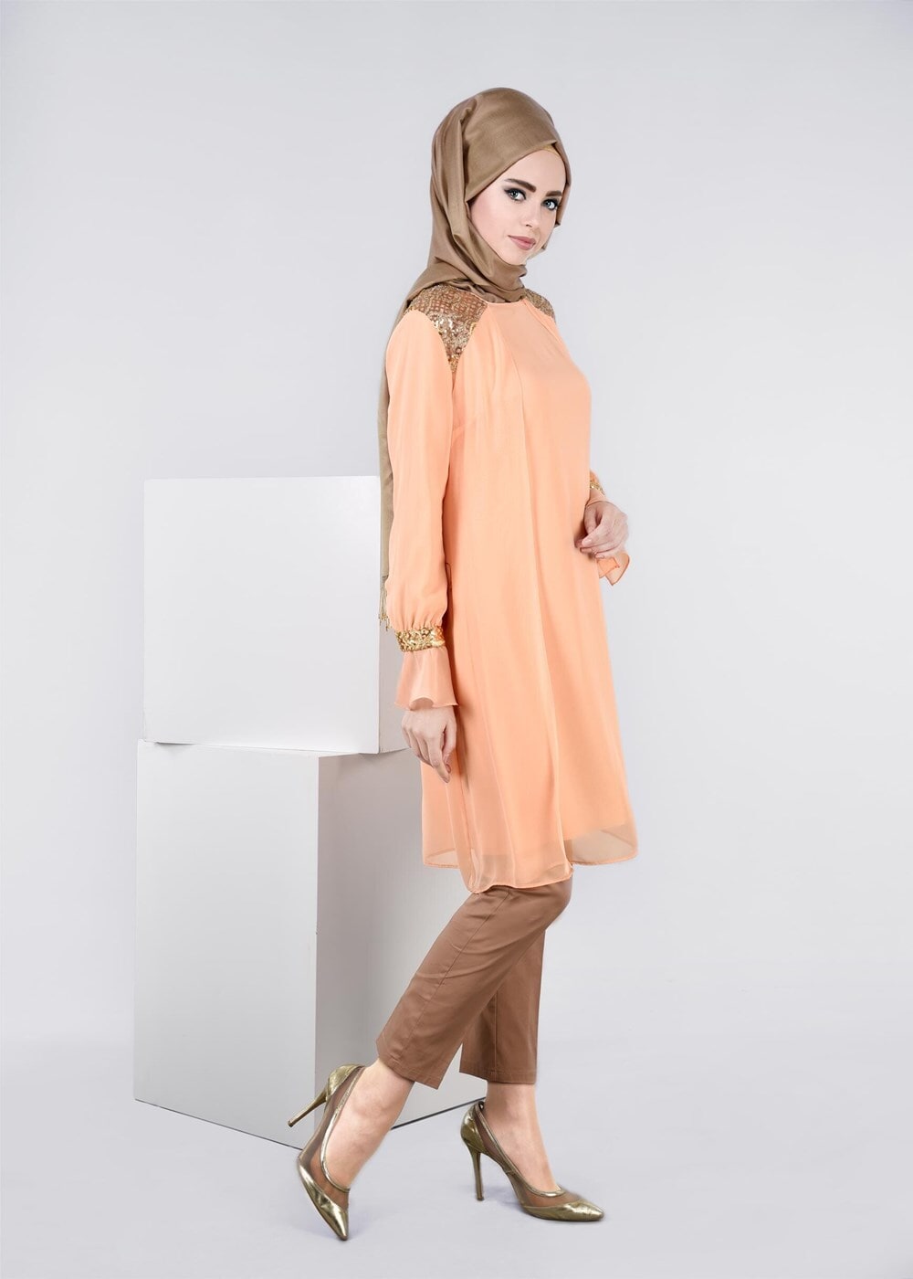 Tesettür giyim PUDRA İŞLEME DETAYLI MULTİ ŞİFON TUNİK 4485