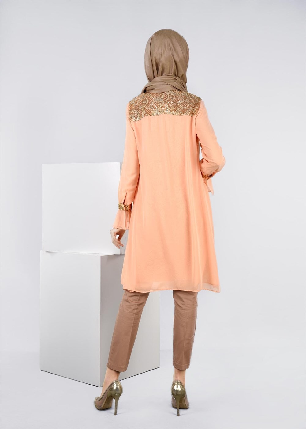 Tesettür giyim PUDRA İŞLEME DETAYLI MULTİ ŞİFON TUNİK 4485