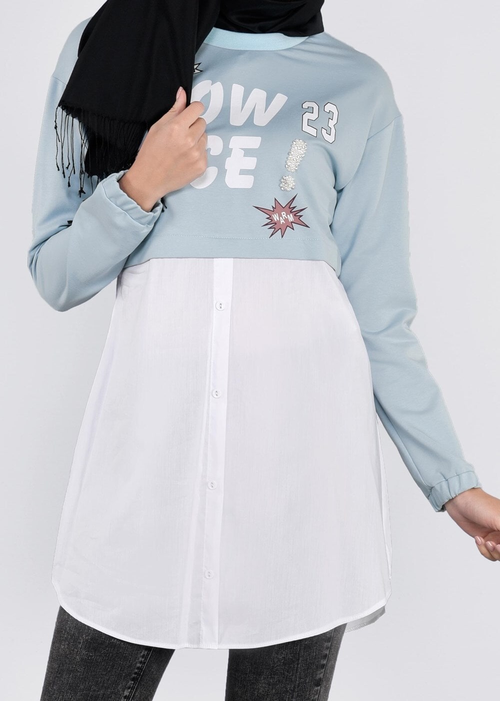 Tesettür giyim MAVİ BASKI DETAYLI EŞOFMAN TUNİK 4522 