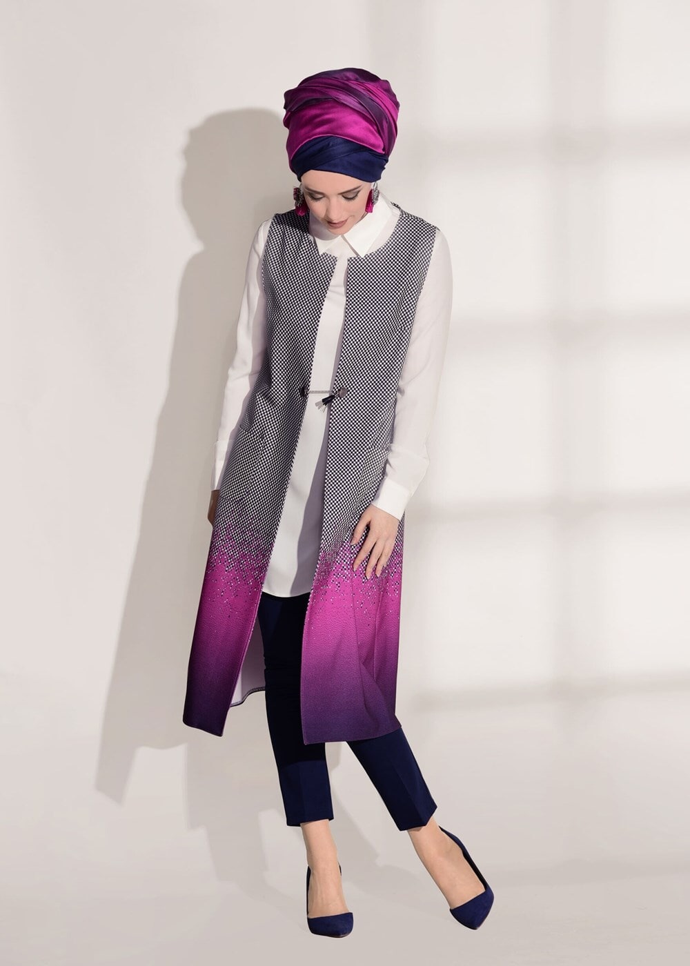 Tesettür giyim FUŞYA CEP DETAYLI YELEKLİ 2&prime;Lİ TUNİK 4525 