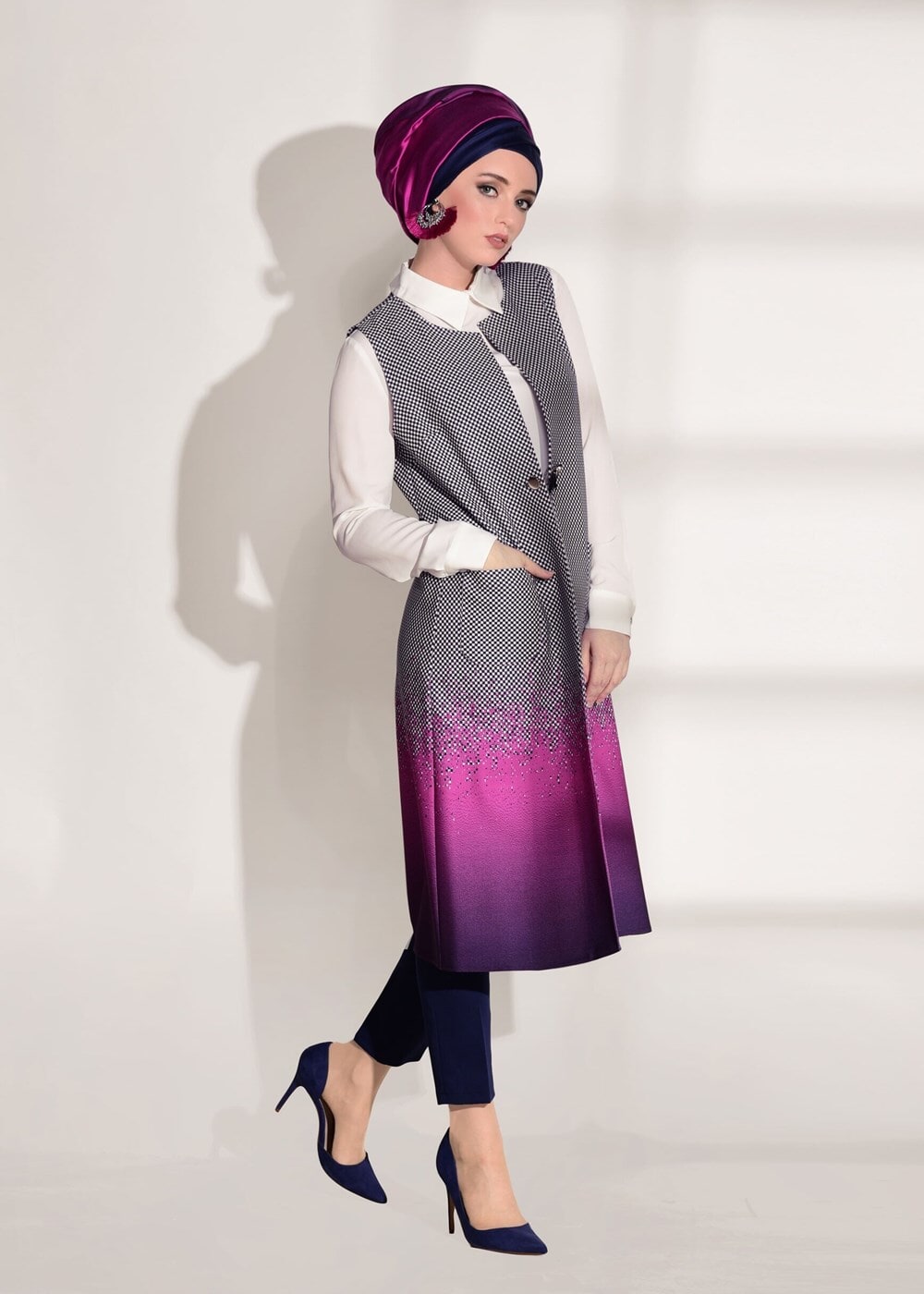 Tesettür giyim FUŞYA CEP DETAYLI YELEKLİ 2&prime;Lİ TUNİK 4525 