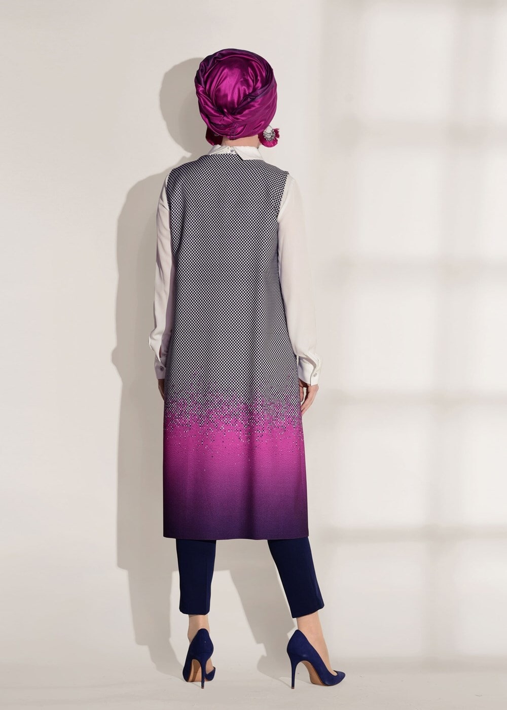 Tesettür giyim FUŞYA CEP DETAYLI YELEKLİ 2&prime;Lİ TUNİK 4525 