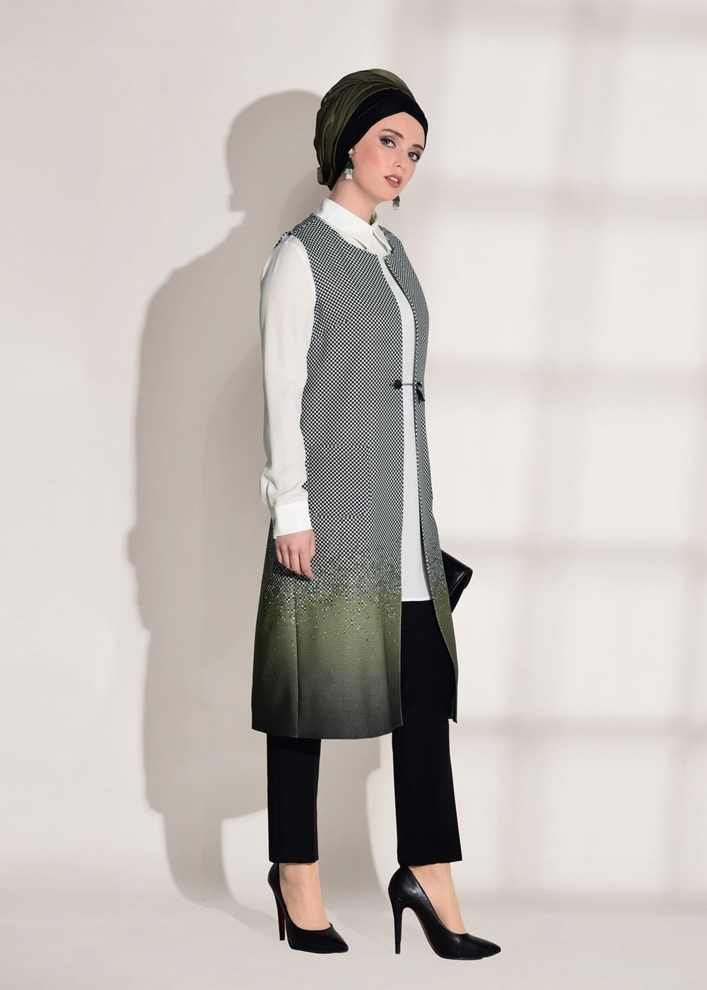 Tesettür giyim HAKİ CEP DETAYLI YELEKLİ 2&prime;Lİ TUNİK 4525 