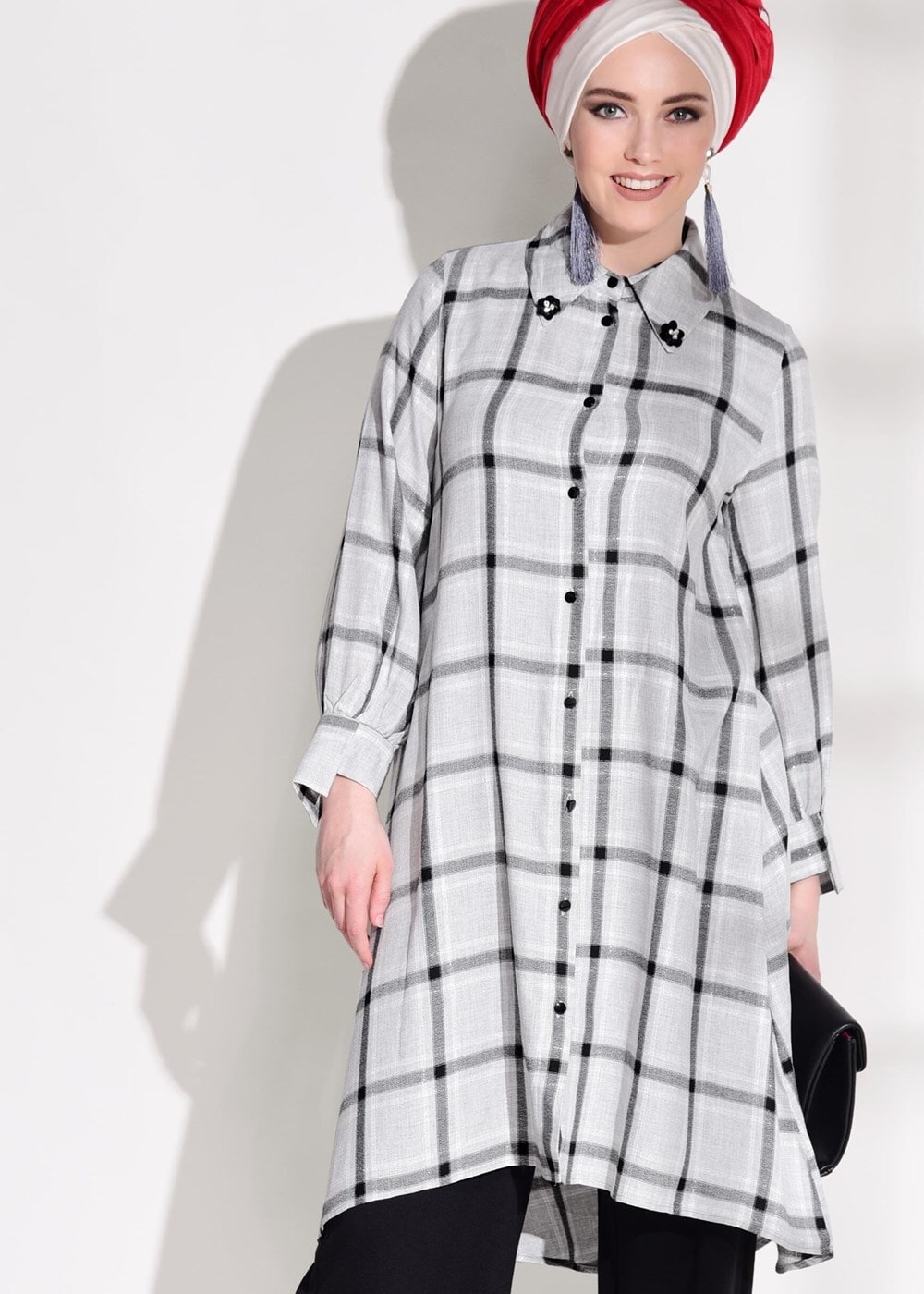 Tesettür giyim GRİ T 4565 Asmiray- Ekose Desenli Tunik