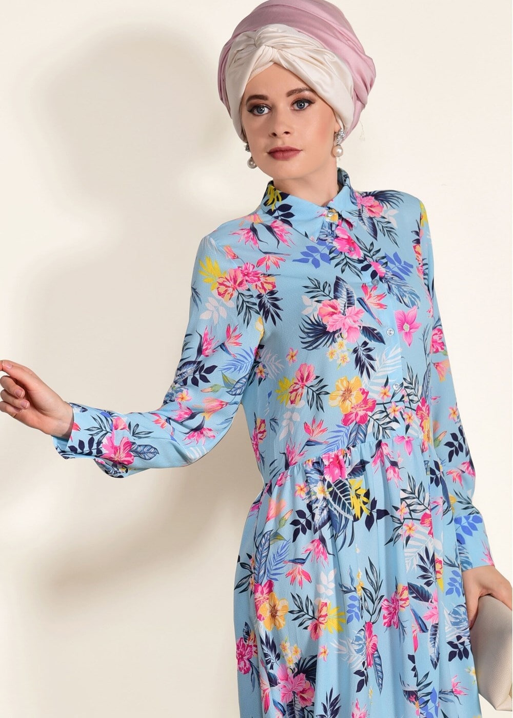 Vêtements hijab BLEU TUNIQUE A MOTIFS COUPE ASYMETRIQUE 4697