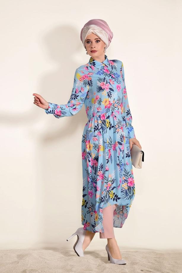 Tesettür giyim  ASİMETRİK KESİM DESENLİ TUNİK 4697 - TRENDTESETTÜR