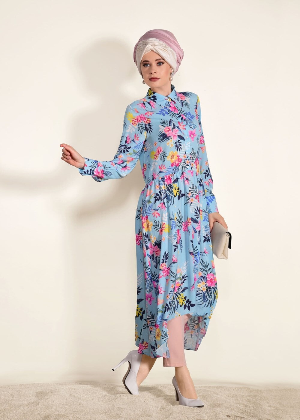 Vêtements hijab BLEU TUNIQUE A MOTIFS COUPE ASYMETRIQUE 4697