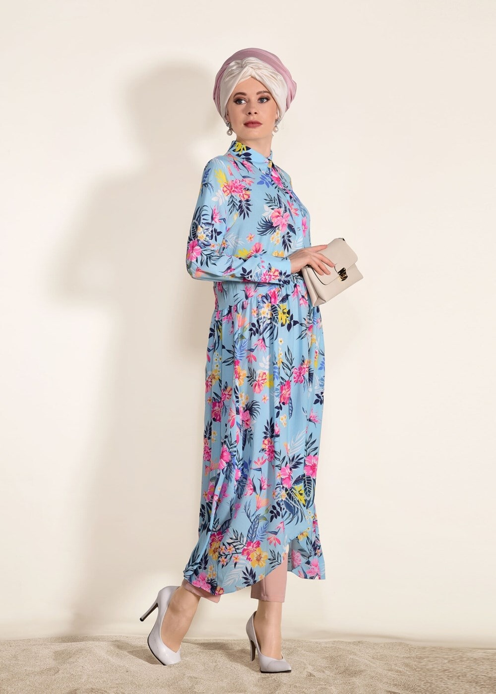 Vêtements hijab BLEU TUNIQUE A MOTIFS COUPE ASYMETRIQUE 4697