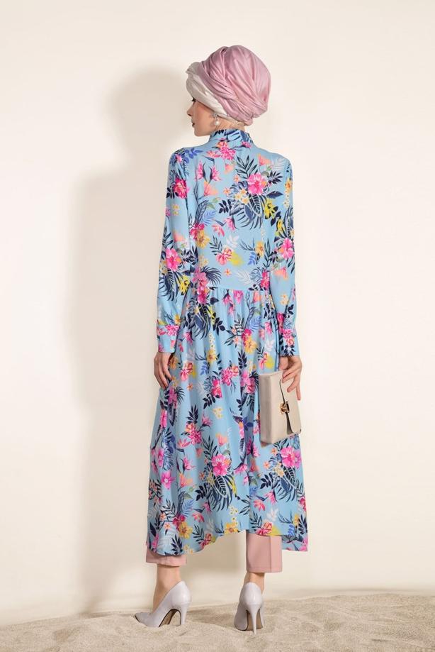 Tesettür giyim  ASİMETRİK KESİM DESENLİ TUNİK 4697 - TRENDTESETTÜR