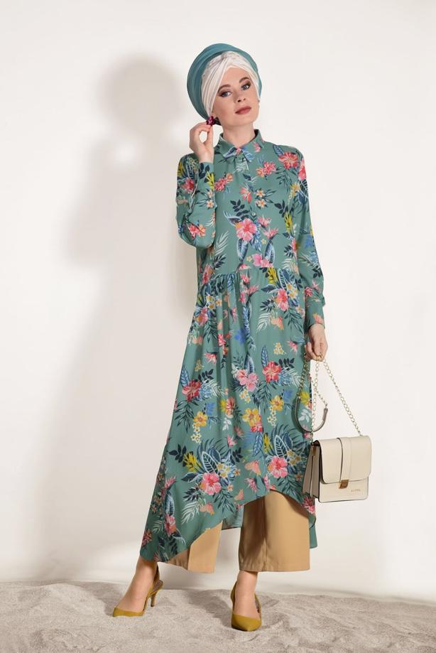 Tesettür giyim  ASİMETRİK KESİM DESENLİ TUNİK 4697 - TRENDTESETTÜR